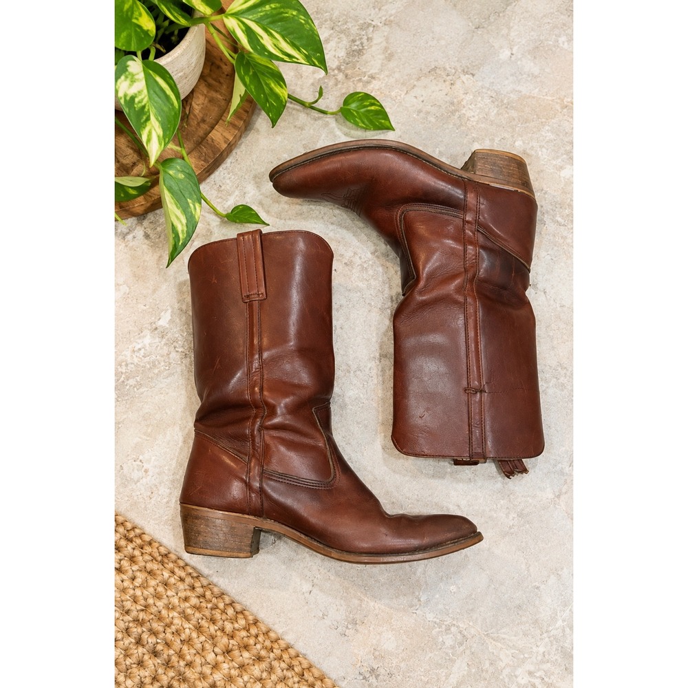 Vintage Dexter Mens Brown Leather Cowboy Boots Western Pointed Toe Stacked Heel